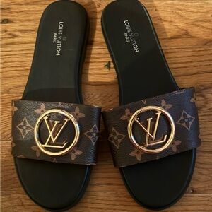 Louis Vuitton Brown Gold Logo Monogram Slide Sandal Women Casual Summer Slip On